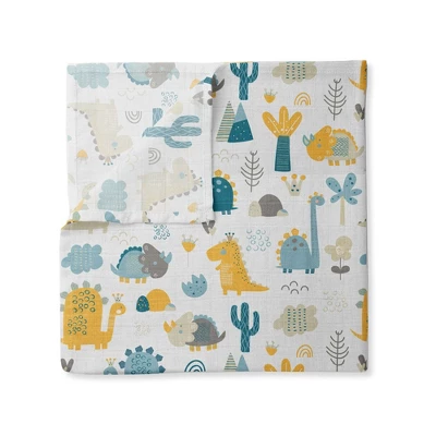Little Dino Boys Teal/Yellow 2 Pack Muslin Swaddling Blankets 4 Little Dino Boys Teal/Yellow 2 Pack Muslin Swaddling Blankets - Image 4