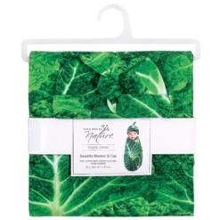Touched By Nature Baby Organic Cotton Swaddle Blanket And Headband Or Cap, Cabbage, One Size