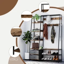 Tangkula 6-in-1 Freestanding Hall Tree Coat Rack W/ Bench & Fabric Dressers Rustic Brown -Graco Shop GUEST 1623074c 243a 476c af8e 53f63301d586