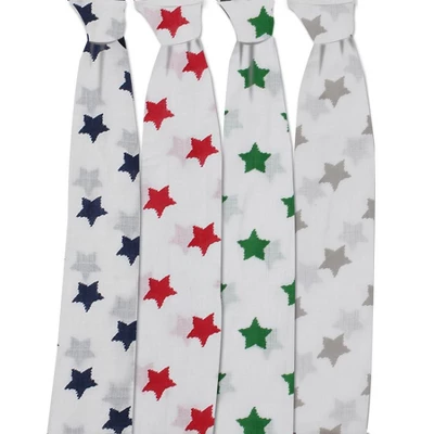 Bacati - Stars Boys Swaddling Muslin Blankets Of 4 (Navy,Green, Red,Gray) 2 Bacati - Stars Boys Swaddling Muslin Blankets Of 4 (Navy,Green, Red,Gray) - Image 2