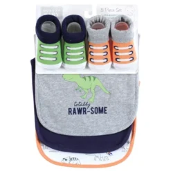 Hudson Baby Infant Boy Cotton Bib And Sock Set, Cool Dinosaurs, One Size