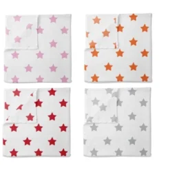 Bacati - Stars Girls Swaddling Muslin Blankets Of 4 (Pink, Orange,Red,Gray)