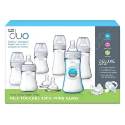 Chicco Duo Deluxe Hybrid Baby Bottle Gift Set With Invinci-Glass Inside/Plastic Outside - Gray - 10pc