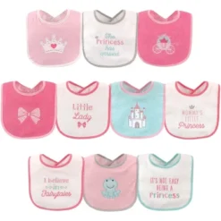 Luvable Friends Baby Girl Cotton Terry Drooler Bibs With PEVA Back 10pk, Princess, One Size