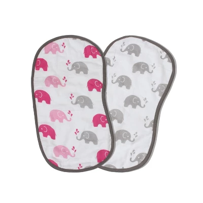 Bacati - Elephants Pink/Gray Muslin 4 Pc Set Of Bibs & Burp Cloths Set 2 Bacati - Elephants Pink/Gray Muslin 4 Pc Set Of Bibs & Burp Cloths Set - Image 2