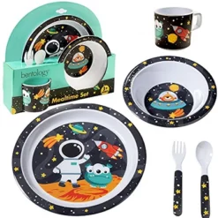 Laptop Lunches 5 Pc Mealtime Feeding Set For Kids And Toddlers - Space - Includes Plate, Bowl, Cup, Fork And Spoon Utensil Flatware