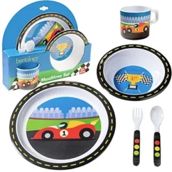 Bentology 5 Pc Mealtime Feeding Set For Kids And Toddlers - Racecar - Includes Plate, Bowl, Cup, Fork And Spoon Utensil Flatware