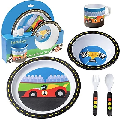 Bentology 5 Pc Mealtime Feeding Set For Kids And Toddlers - Racecar - Includes Plate, Bowl, Cup, Fork And Spoon Utensil Flatware 1 Bentology 5 Pc Mealtime Feeding Set For Kids And Toddlers - Racecar - Includes Plate, Bowl, Cup, Fork And Spoon Utensil Flatware