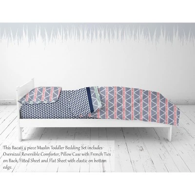 Bacati - Emma Coral/Mint/Navy Triangles Muslin 4 Pc Toddler Bedding Set 5 Bacati - Emma Coral/Mint/Navy Triangles Muslin 4 Pc Toddler Bedding Set - Image 5