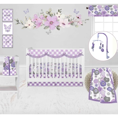 Bacati - Watercolor Floral Purple Gray 10 Pc Girls Crib Bedding Set With Long Rail Guard Cover 1 Bacati - Watercolor Floral Purple Gray 10 Pc Girls Crib Bedding Set With Long Rail Guard Cover