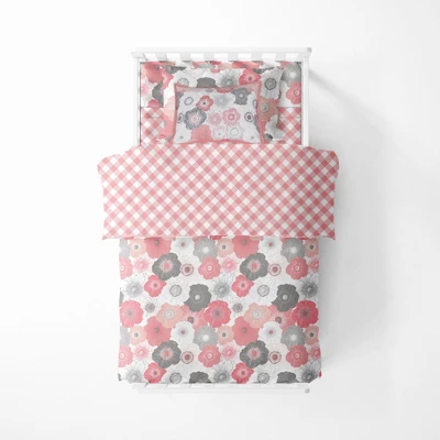 Bacati - Watercolor Floral Coral Gray 5 Pc Toddler Bedding Set 2 Bacati - Watercolor Floral Coral Gray 5 Pc Toddler Bedding Set - Image 2