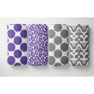 Bacati - Ikat Dots Leopard Purple Grey Girls 10 Pc Crib Set With Long Rail Guard Cover & 4 Muslin Swaddling Blankets 8 Bacati - Ikat Dots Leopard Purple Grey Girls 10 Pc Crib Set With Long Rail Guard Cover & 4 Muslin Swaddling Blankets - Image 8