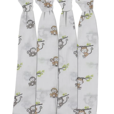 Bacati - Happy Monkeys Green/Gray/Beige Unisex Muslin Swaddling Blankets Set Of 4 2 Bacati - Happy Monkeys Green/Gray/Beige Unisex Muslin Swaddling Blankets Set Of 4 - Image 2