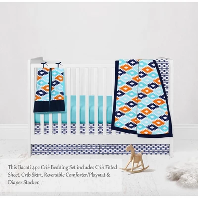 Bacati - Aztec Print Liam Aqua Orange Navy 4 Pc Crib Bedding Set With Diaper Caddy 2 Bacati - Aztec Print Liam Aqua Orange Navy 4 Pc Crib Bedding Set With Diaper Caddy - Image 2
