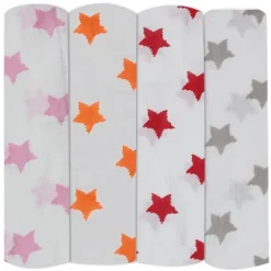 Bacati - Stars Girls Swaddling Muslin Blankets Of 4 (Pink, Orange,Red,Gray) -Graco Shop GUEST af1454a4 87cb 4e2a 95a1 16c276f10104