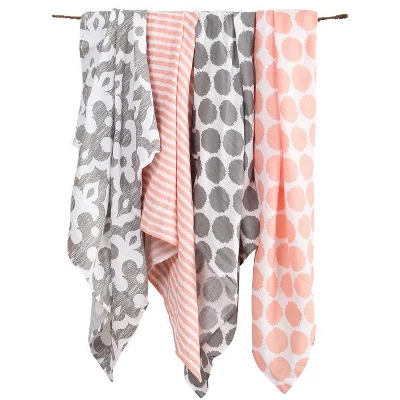 Bacati - Ikat Coral/Gray Dots/Stripes Swaddling Muslin Blankets Set Of 4 3 Bacati - Ikat Coral/Gray Dots/Stripes Swaddling Muslin Blankets Set Of 4 - Image 3
