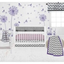 Bacati - Ikat Dots Leopard Purple Grey Girls 10 Pc Crib Set With Long Rail Guard Cover & 4 Muslin Swaddling Blankets