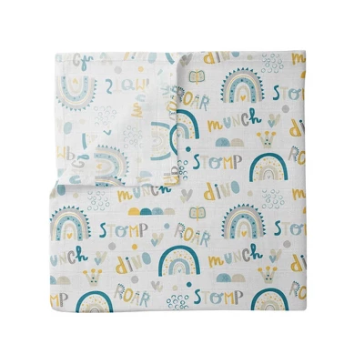 Little Dino Boys Teal/Yellow 2 Pack Muslin Swaddling Blankets 5 Little Dino Boys Teal/Yellow 2 Pack Muslin Swaddling Blankets - Image 5