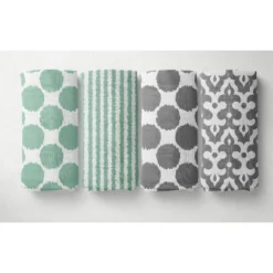 Bacati - Ikat Dots Stripes Mint Grey Neutral 10 Pc Crib Set With Long Rail Guard Cover & 4 Muslin Swaddling Blankets