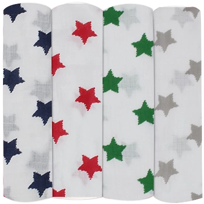 Bacati - Stars Boys Swaddling Muslin Blankets Of 4 (Navy,Green, Red,Gray) 3 Bacati - Stars Boys Swaddling Muslin Blankets Of 4 (Navy,Green, Red,Gray) - Image 3